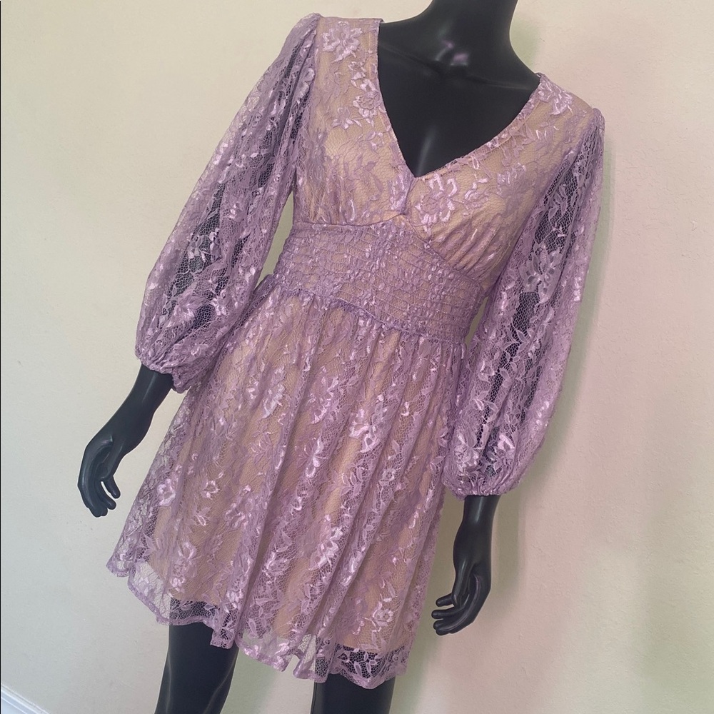 B Darlin Lavender Lace V-Neck Long Sleeve Mini Dress